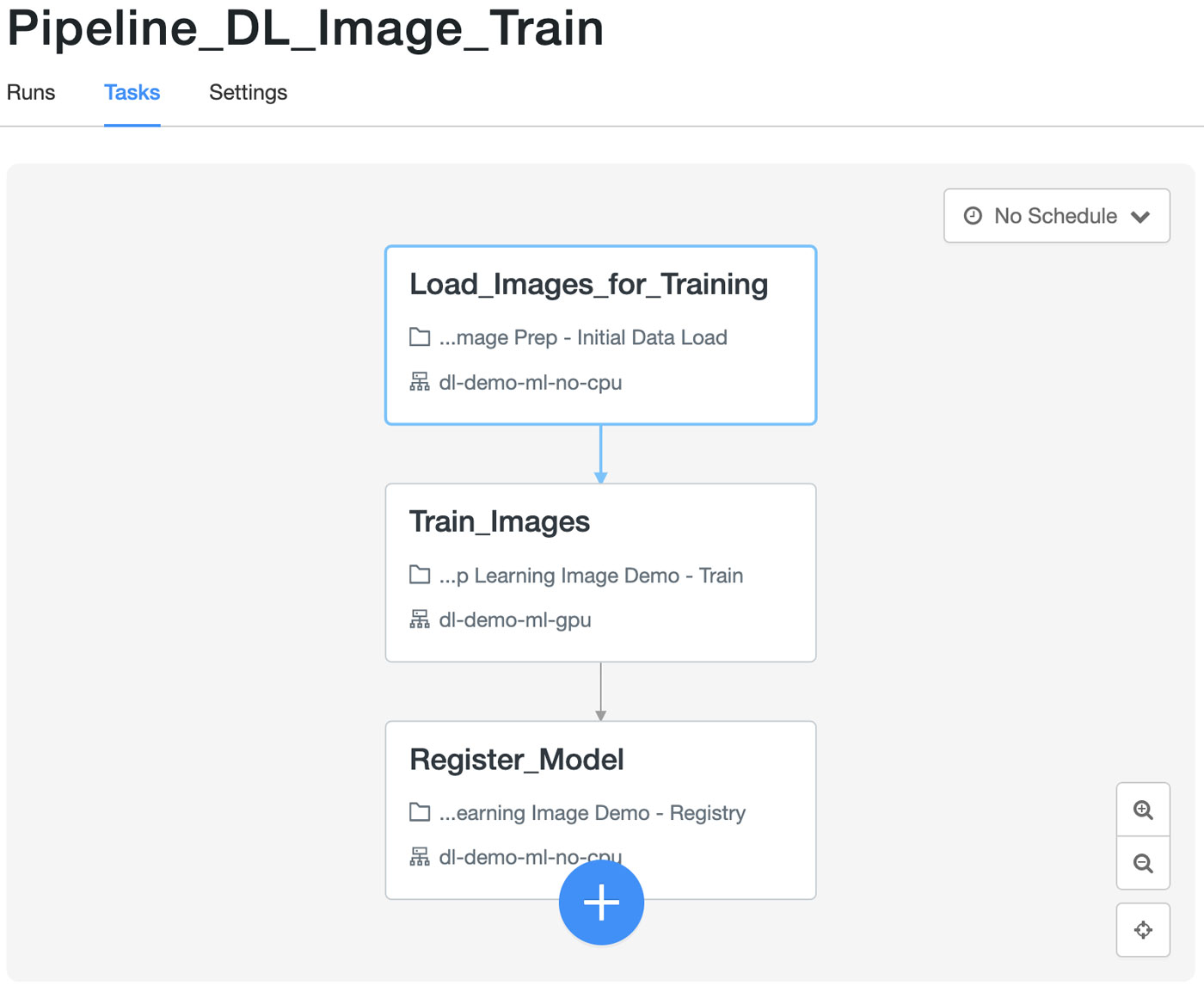 Databricks ジョブオーケストレーションにおけるトレーニングパイプライン　ワークフローは JSON 形式で定義されており、そのまま保存して複製することができます。トレーニングワークフローの JSON ファイルの一例です。