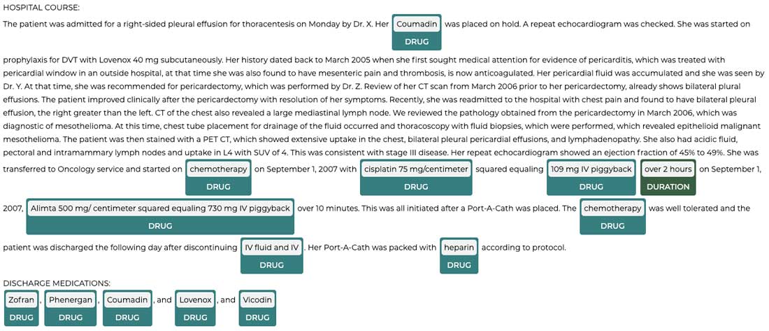 Example Databricks-John Snow Labs Oncology NLP Solution Accelerator text analysis for treatments, including drug frequency and duration.