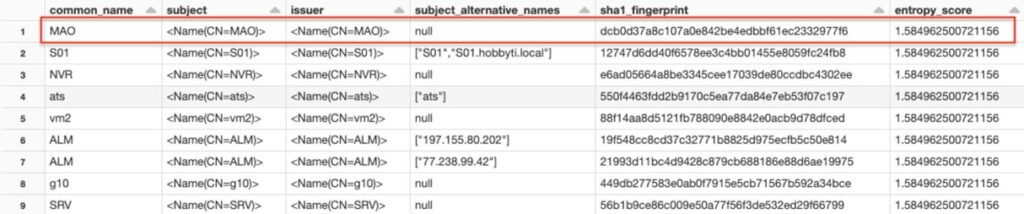 Sample search result identifying potentially malicious fingerprints, generated as part of Databricks’ cyber threat hunting solution.