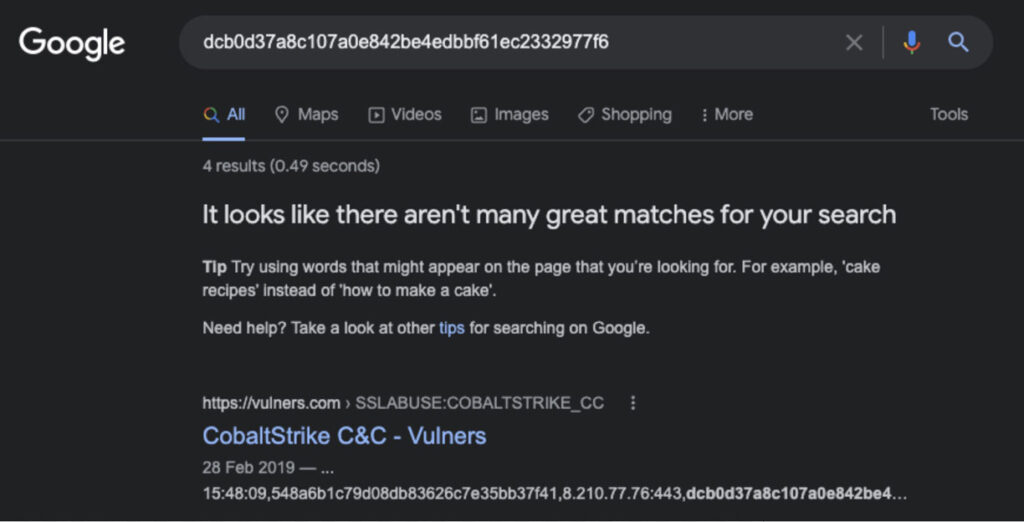 Sample Google search of a suspicious fingerprint, demonstrating how Databricks’ cyber threat hunting techniques can be applied to real-world situations.