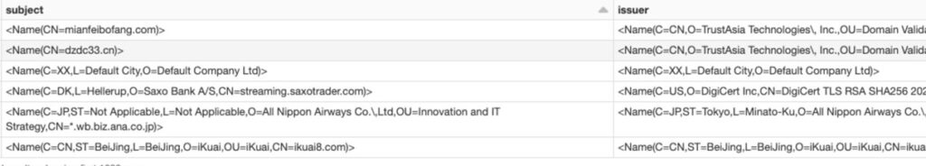 Sample dataframe with x509 certificate data generated as part of the Databricks cyber threat hunting workflow.