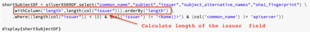 Sample search that looks at the length of the issuer field, which is part of the cyber threat hunting techniques used by the Databricks solution.