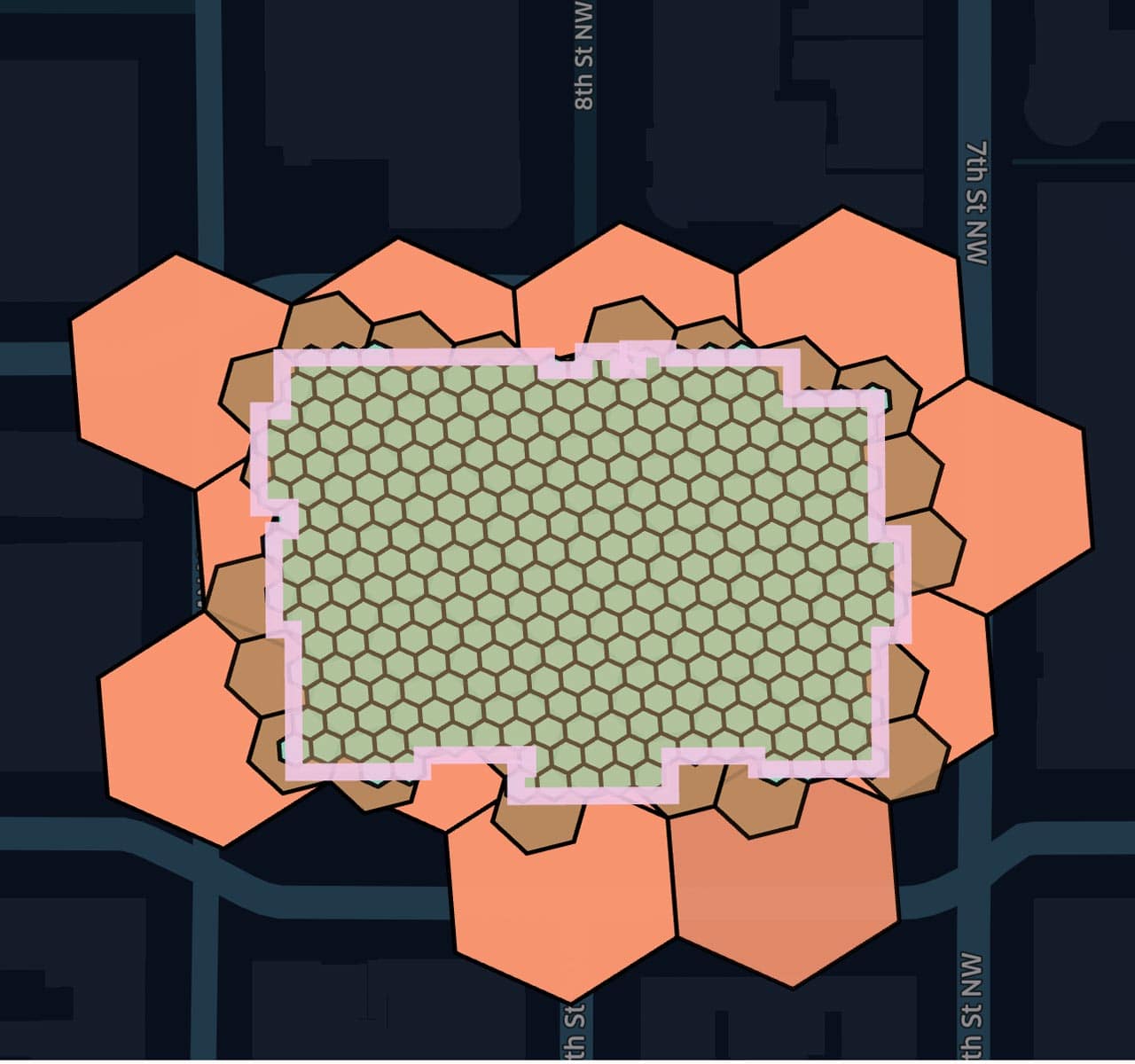 Zoom in at National Portrait Gallery in Washington, DC, displaying overlapping hexagons at resolutions 11, 12, and 13