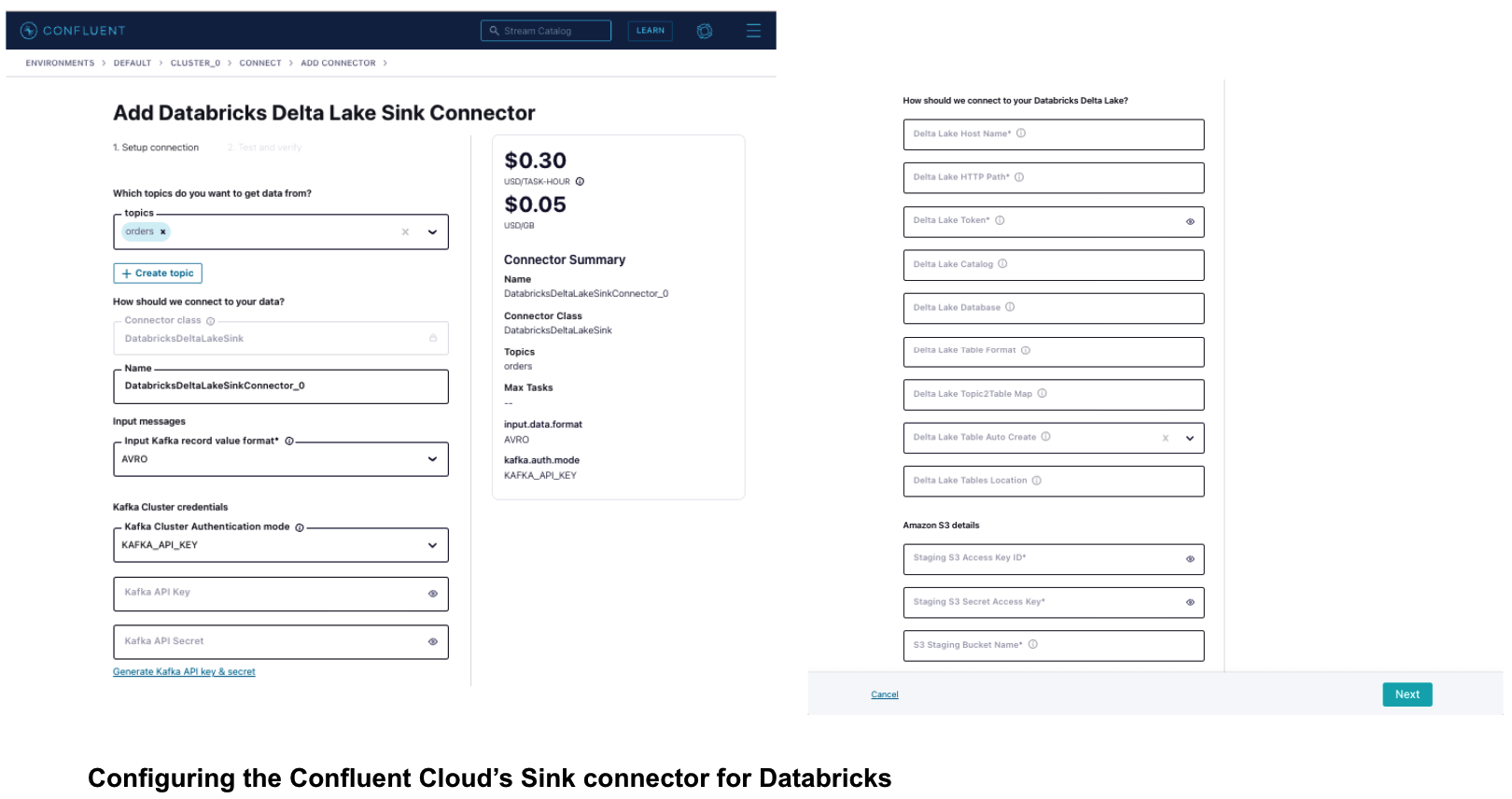 Configuring the Confluent Cloud’s Sink connector for Databricks.