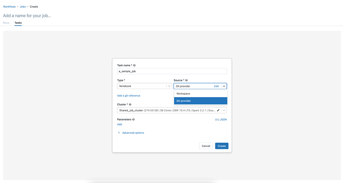 A sample job creation demonstrating one of the four simple steps involved with setting up the new Databricks feature for running notebook tasks against remote repositories.