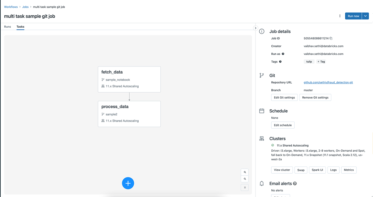 Adding more tasks to a job, demonstrating one of the four simple steps involved with setting up the new Databricks feature for running notebook tasks against remote repositories.